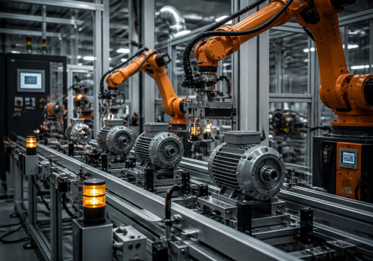 Industrial automation line with electric drives and robotic assembly cells