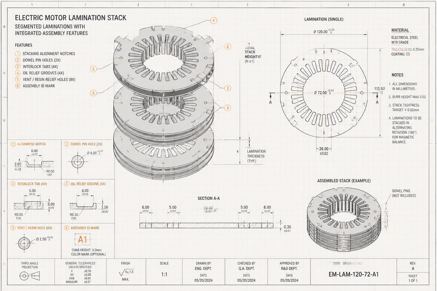 Exploded blueprint of an SWD lamination stack with annotated integrated assembly features