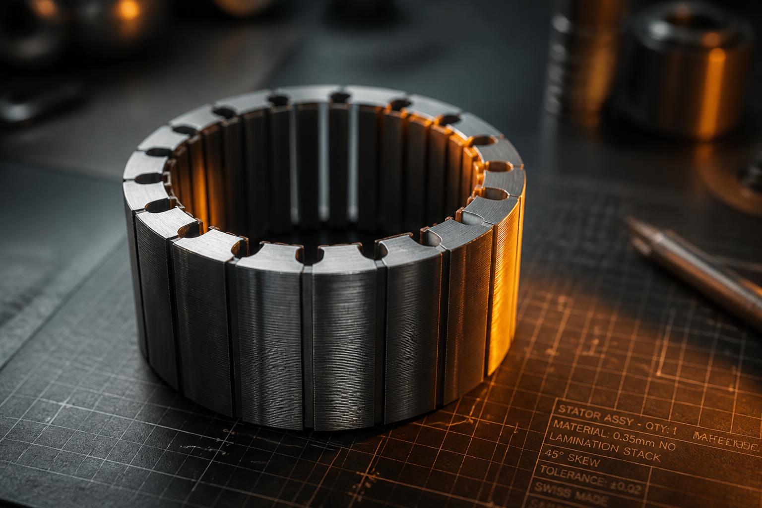 Segmented SWD stator on an engineering workbench with technical drawing overlay